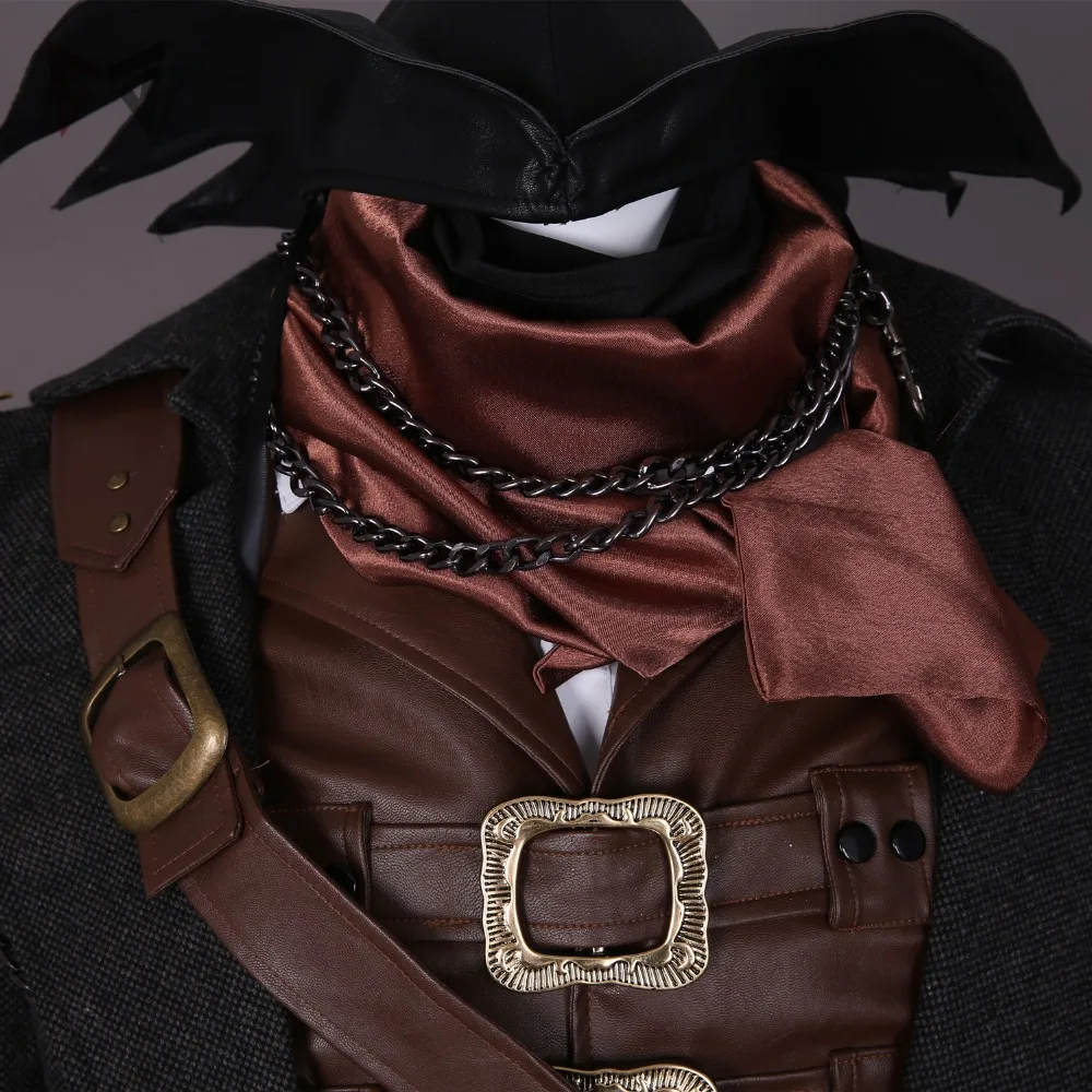 MMGG Bloodborne Косплей Охотник Ludwig Косплей Костюм кожаный жилет пальто брюки шляпа шарф часы ожерелье маска 14 шт. набор