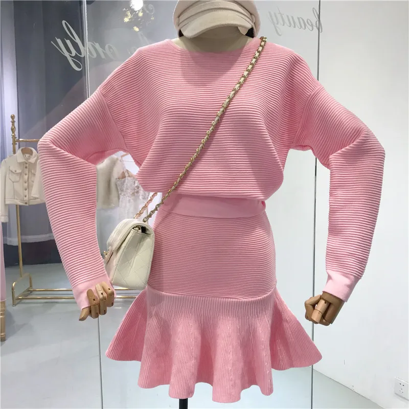 Женский вязаный костюм ALPHALMODA Однотонный свитер с длинными рукавами и юбка