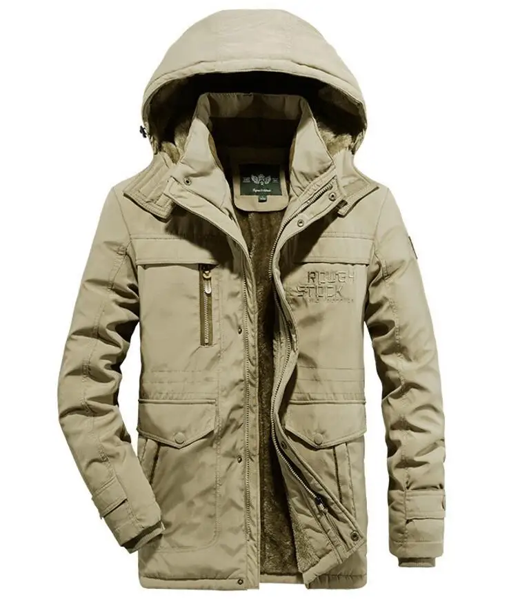 Хаки AFS JEEP Brand Military Winter Jacket Men Thick Warm Fleece Parka hombre Plus Size L-6XL Casual Loose Waterproof Windbreaker - Цвет: Хаки