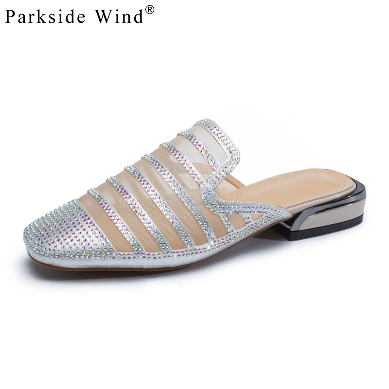 Parkside Wind Ladies Slippers Striped Flat With Crystal Mules Shoes Outside Mesh Women Slides Footwear XWA1821-5 | Обувь