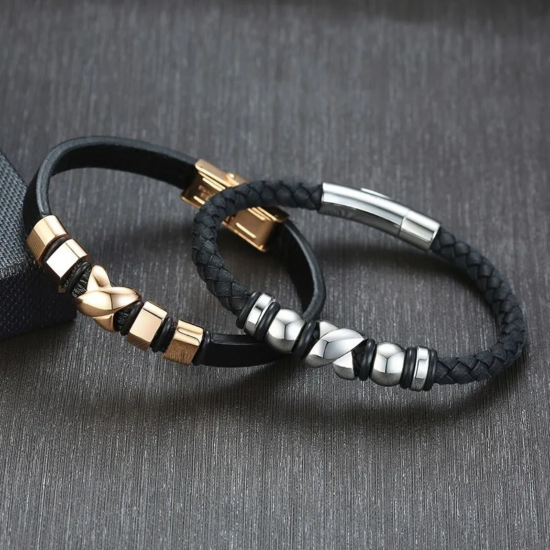 Мужские ювелирные изделия черный кожаный плетеный браслет из нержавеющей стали