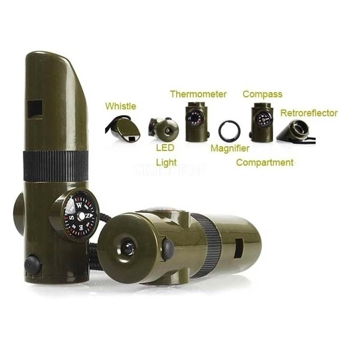

200Pcs/Lot 7 In 1 Multifunctional Military Survival Kit Magnifying Glass Whistle Compass Thermometer With LED Light