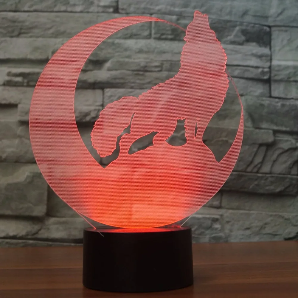 Волк 3D ночник сенсорный выключатель LED 7 цветов Изменение USB настольная лампа для