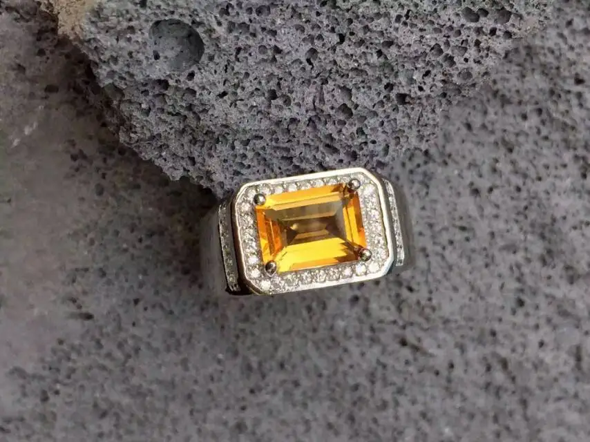 

Natural citrine stone Ring Natural yellow crystal Ring S925 sterling silver trendy luxurious big Square women men gift Jewelry