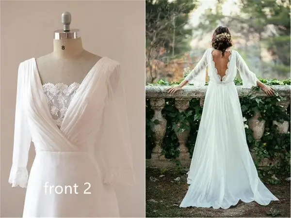 

Sexy Chiffon 3/4 Sleeves and Backless Bridal Dress Long Chiffon Beach Wedding Dress