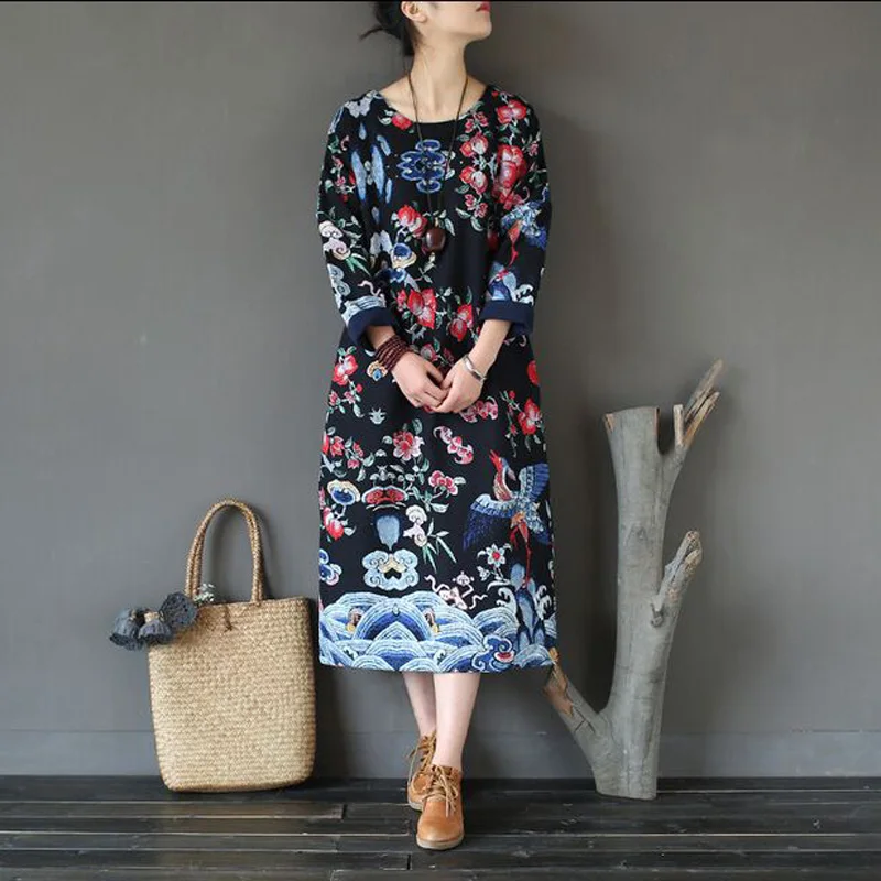Женское весенне-осеннее платье 2017 новое модное хлопковое льняное с принтом птицы