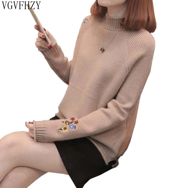 

High quality women fashion 2018 Turtleneck sweater women top woman long sleeve warm sweaters Embroidered Knitted pullover LY1303