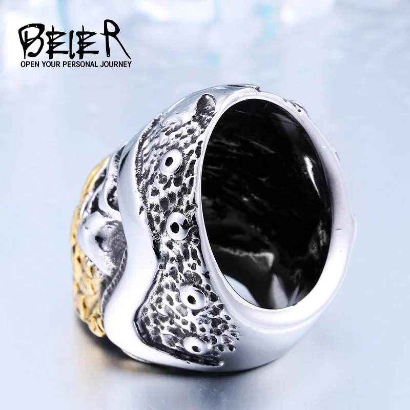 Beier Cool Part Plated Gold Cross Skull Ring 316L Stainless Steel Man's Biker Punk Personality Style BR8 355|skull ring|316l stainless
