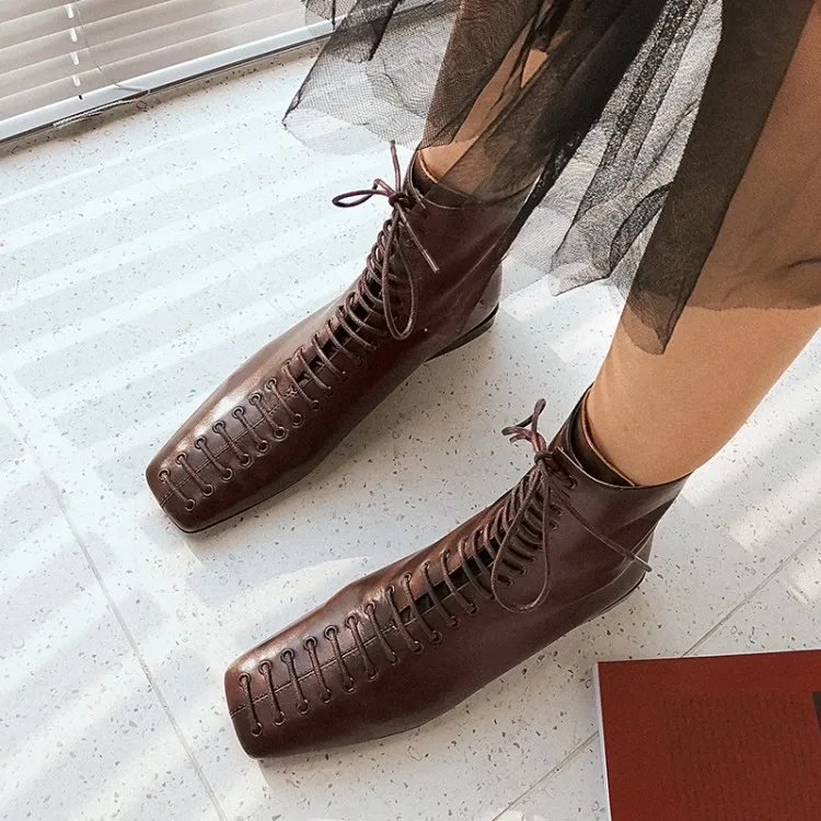 Женские ботильоны из мягкой коровьей кожи на шнуровке с квадратным носком | Обувь