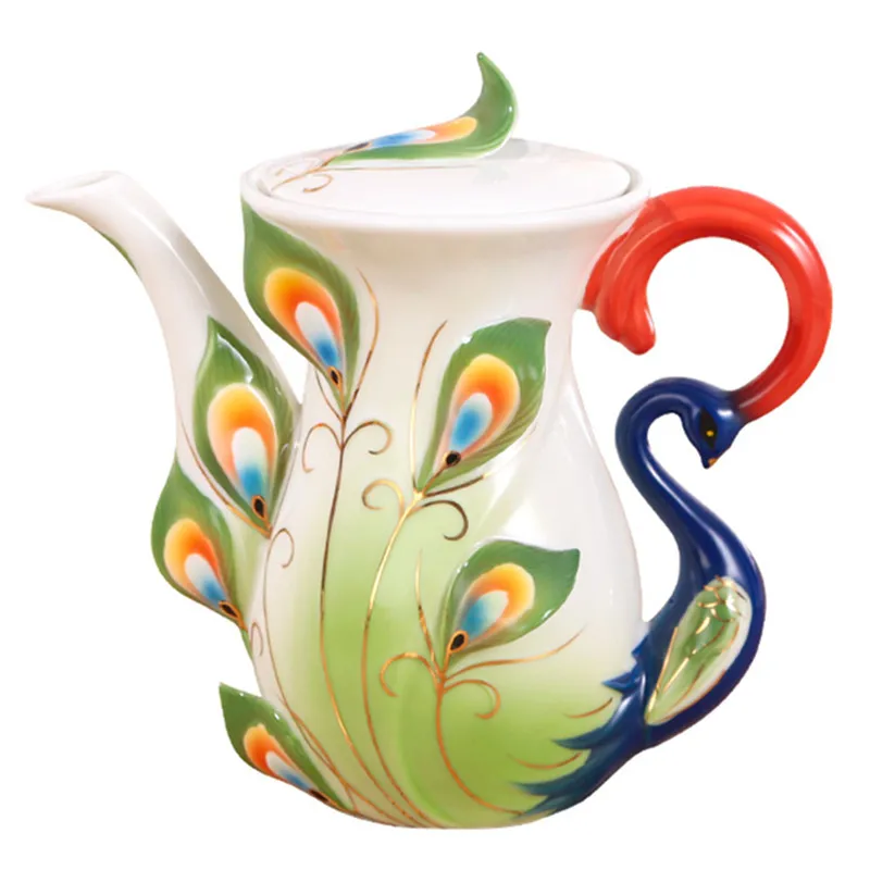 

Новый цветной эмалированный 3D Павлин кофейник с ручкой креативный костяной фарфор чай молоко креативный чайник, посуда