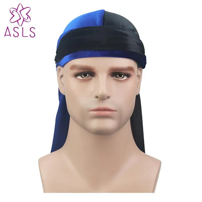 Black Blue Новые роскошные мужские бархатные Лоскутные дюраги Бандана тюрбан шляпы парики Doo дюраг головной убор для байкеров головная повязка пиратская шляпа аксессуары для волос - Цвет: Black Blue