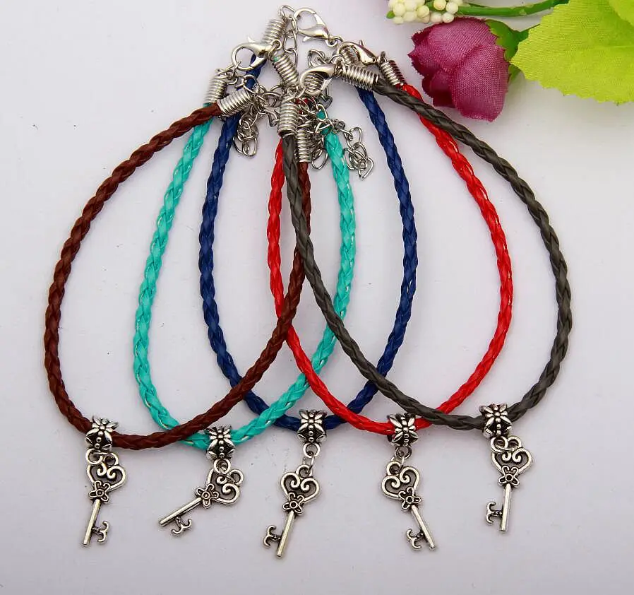 Hot 30pcs/lot Ancient Silver Small Key Charm Pendant Multicolor 20+5cm Braided Leather Rope Bracelet Women Jewelry Gift H666 | Украшения и