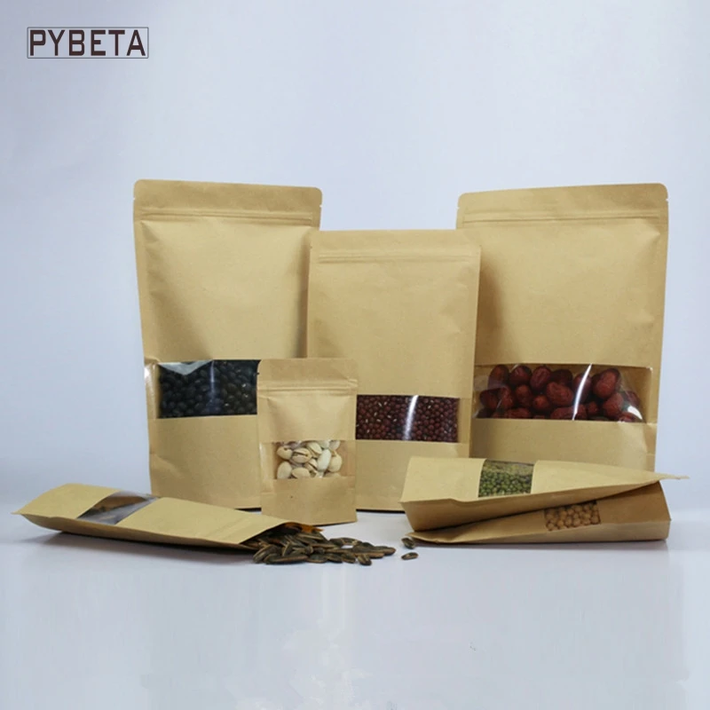 

100pcs/lot- 10 sizes available Kraft Paper Stand Up Pouch with clear window Zipper top food candy package party gift bags