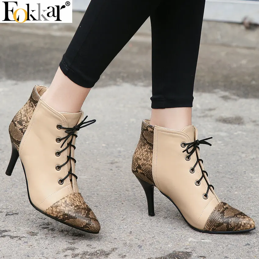 

Eokkar 2020 Zipper Women Ankle Boots Pointed Toe Lace Up Thin High Heel All Match Mixed Color Winter Women Boots Size 34-43