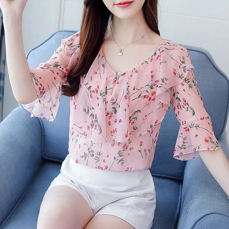 Летняя шифоновая блузка с цветочным принтом гофрированный воротник v образный