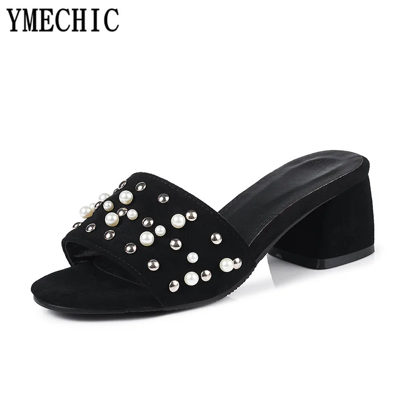 Женские сланцы с бусинами и заклепками YMECHIC Новинка лета 2018 женские туфли на