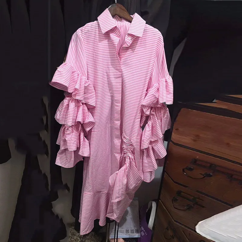 

OXANT Striped Ruffles Dress Womens Patchwork Flare Sleee Draw String Irregular Shirt Dresses 2019 Spring Fashion Korean