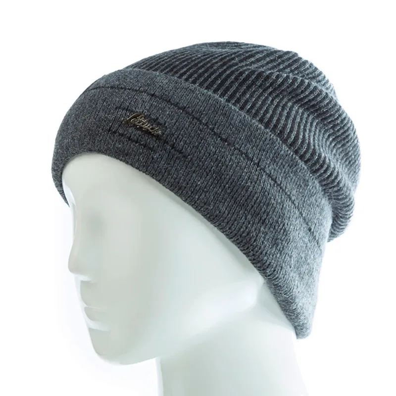 Новинка, зимние шапки для мужчин, высокое качество, на каждый день, Skullies Beanie, шапка, в полоску, дизайн, зимняя шапка, шерстяной шарф, шея, теплая, вязаная шапка - Цвет: Dark Gray Hat
