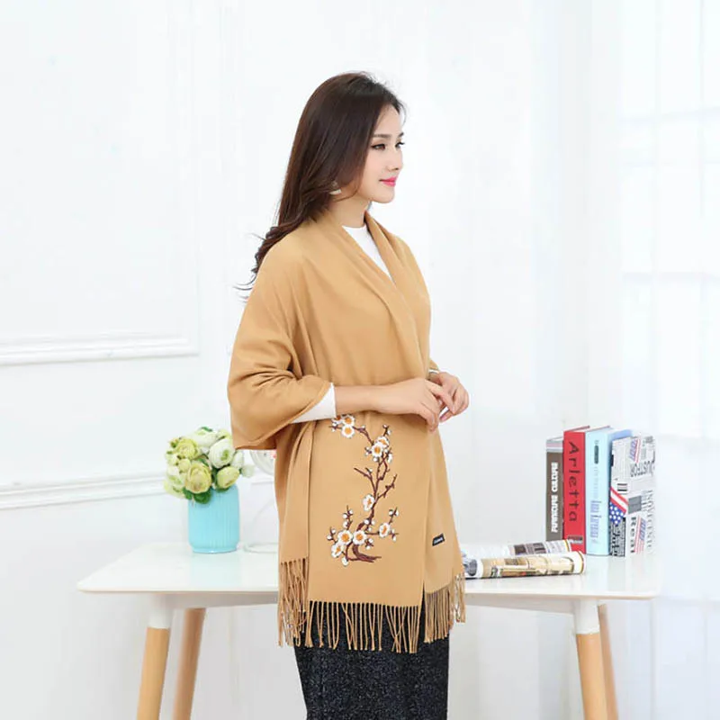 Новый осенне-зимний Однотонный женский модный пашминовый шарф с вышивкой в