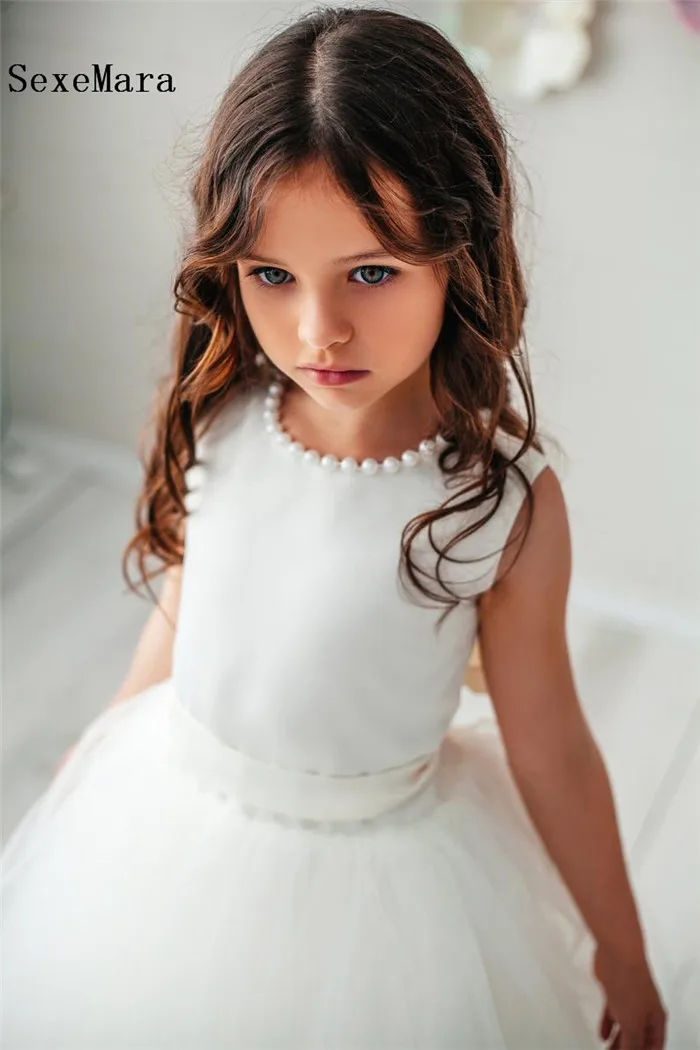 Белое Тюлевое платье для первого причастия с жемчугом девочек бальное круглым