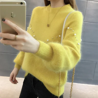 Yellow Женский свитер на осень и зиму, корейский Повседневный Свободный пуловер с рукавами-фонариками и круглым вырезом, плотный вязаный свитер с бисером для студентов - Цвет: Yellow