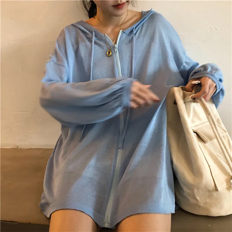 Sun protection womens clothin tide 2019 summer perspective vintage Korean loose hooded Sweaters cardigan hipster coat ladies top |