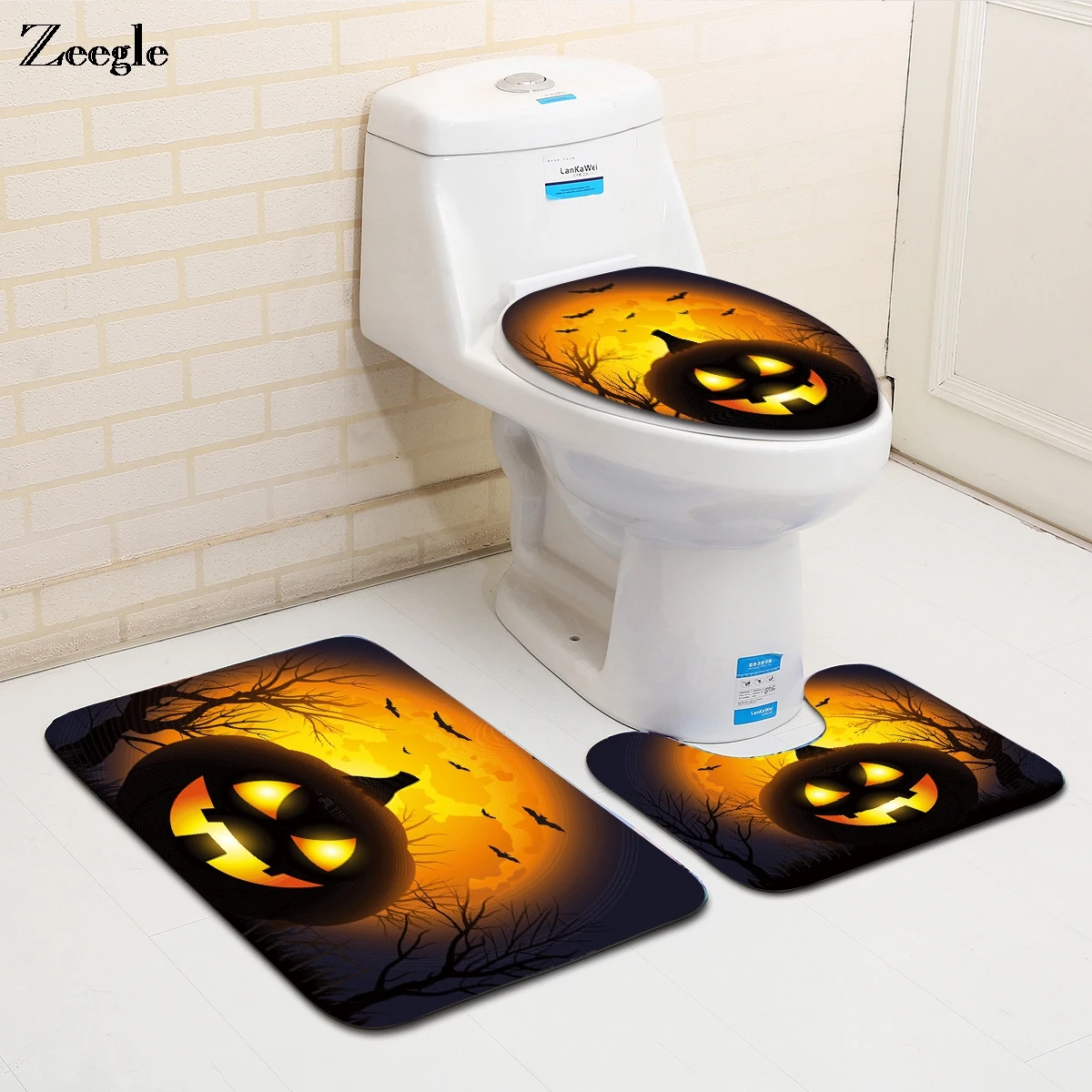 

Zeegle Halloween Lights Toilet Mat 3Pcs/ Set Bathroom Carpet Toilet Lid Cover Toilet Seat Cover Rugs Non-slip Bath mat