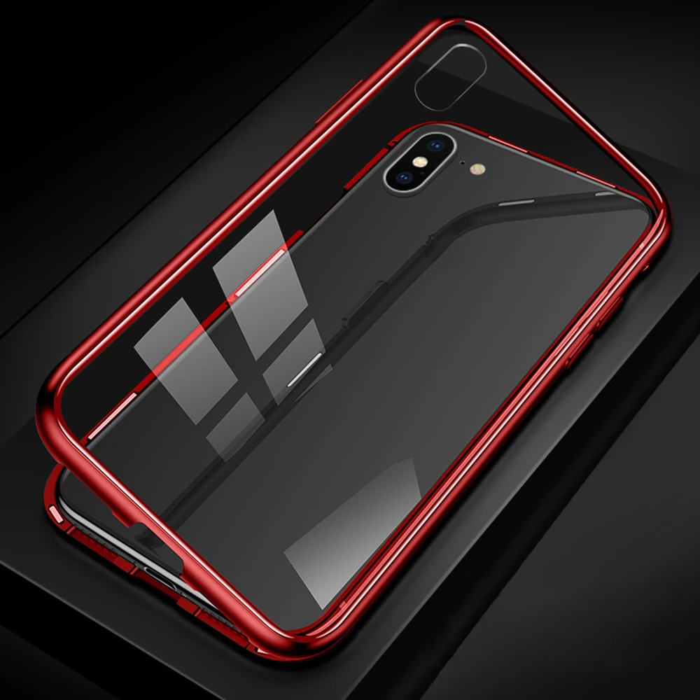 Red Чехол с магнитной адсорбцией для iPhone XS Max XR 7 8X6 S 6 S Plus, полный Чехол с откидной крышкой, металлический бампер+ Противоударная сумка из Tmpered стекла - Цвет: Red