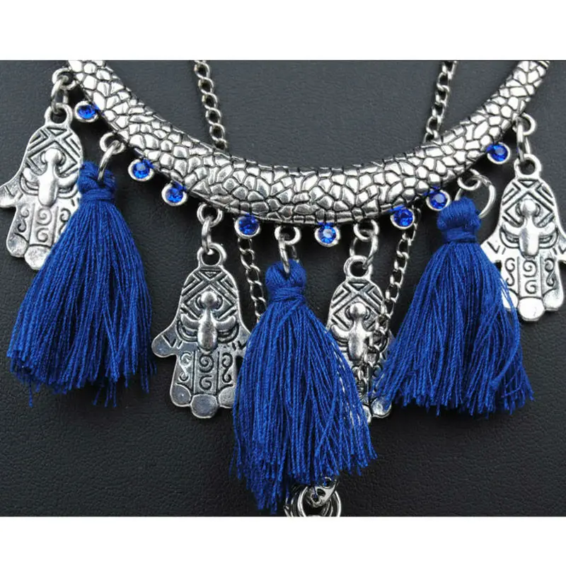 Boho Этническая Винтаж Серебряная цепочка длинная кисточкой Многоуровневая