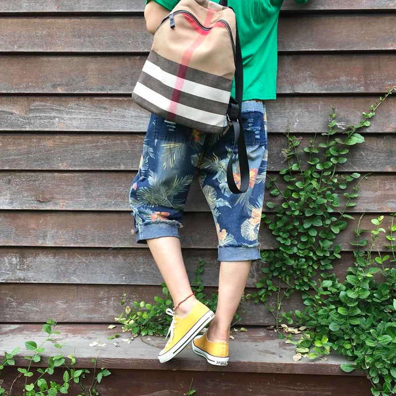 Retro print patchwork sttch Elastic waist pocket Wide leg pants jeans 2018 mori girl | Женская одежда
