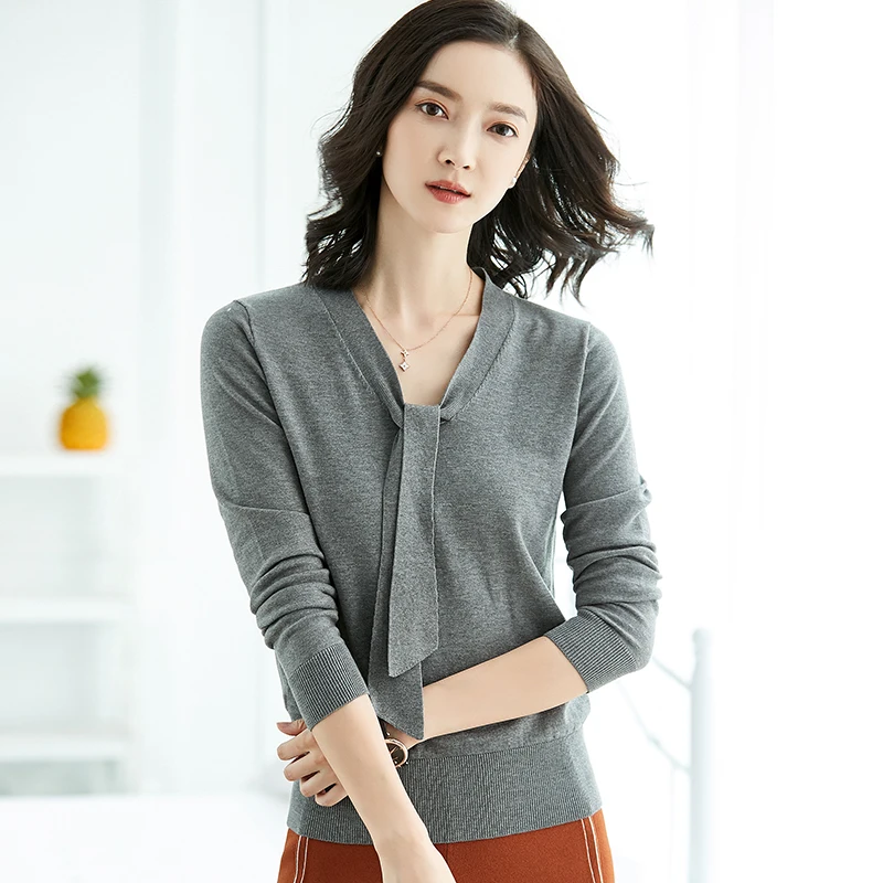 womens top Cotton kintting long sleeve V-neck sweater cashmere blended all match tee white black n t shirt women bts | Женская одежда