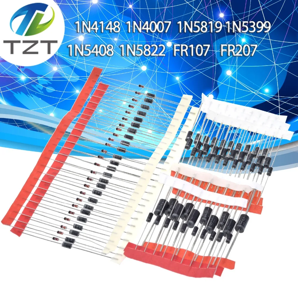 Набор диодов Schottky 1N4148/1N4007/1N5819/1N5399/1N5408/1N5822/FR107/FR207 8 видов = 100 шт. электронные