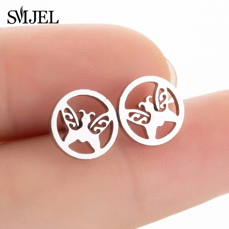 butterfly SMJEL крошечные серьги-гвоздики из нержавеющей стали в виде листьев дерева жизни для женщин, модная Цветочная бижутерия, черные серьги - Окраска металла: butterfly