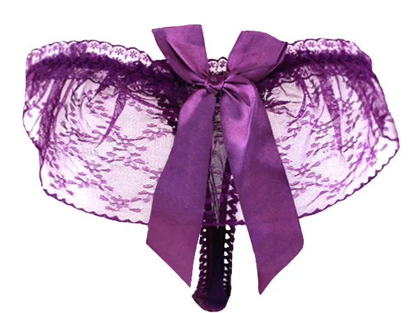 Purple Порно сексуальный стринги, эротические женские прозрачные кружевные трусики с низкой талией, женские стринги и стринги с милым бантом, женское белье - Цвет: Purple