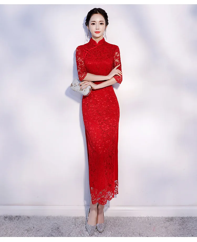 red Новое поступление, кружевное женское Красное китайский воротник Qipao, элегантное китайское свадебное платье невесты, женское тонкое длинное винтажное платье чонсам, S-2XL - Цвет: red