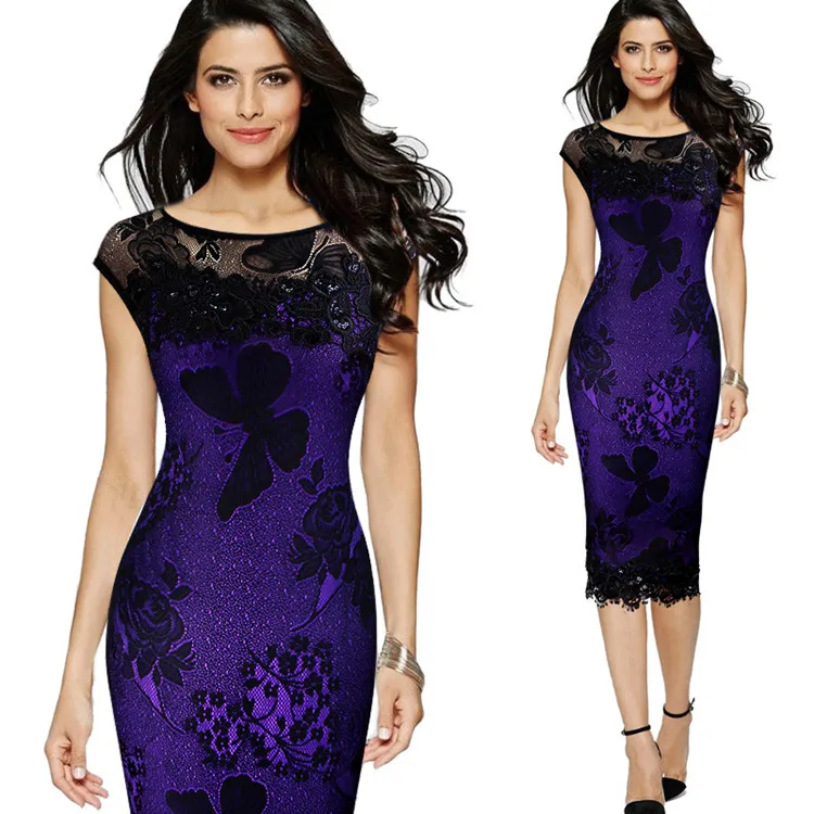 Purple Joineles 5XL размера плюс, женское платье-карандаш, летняя мода, изысканное, с блестками, вязанное крючком, с бабочкой, Кружевное облегающее платье, вечерние платья - Цвет: Purple