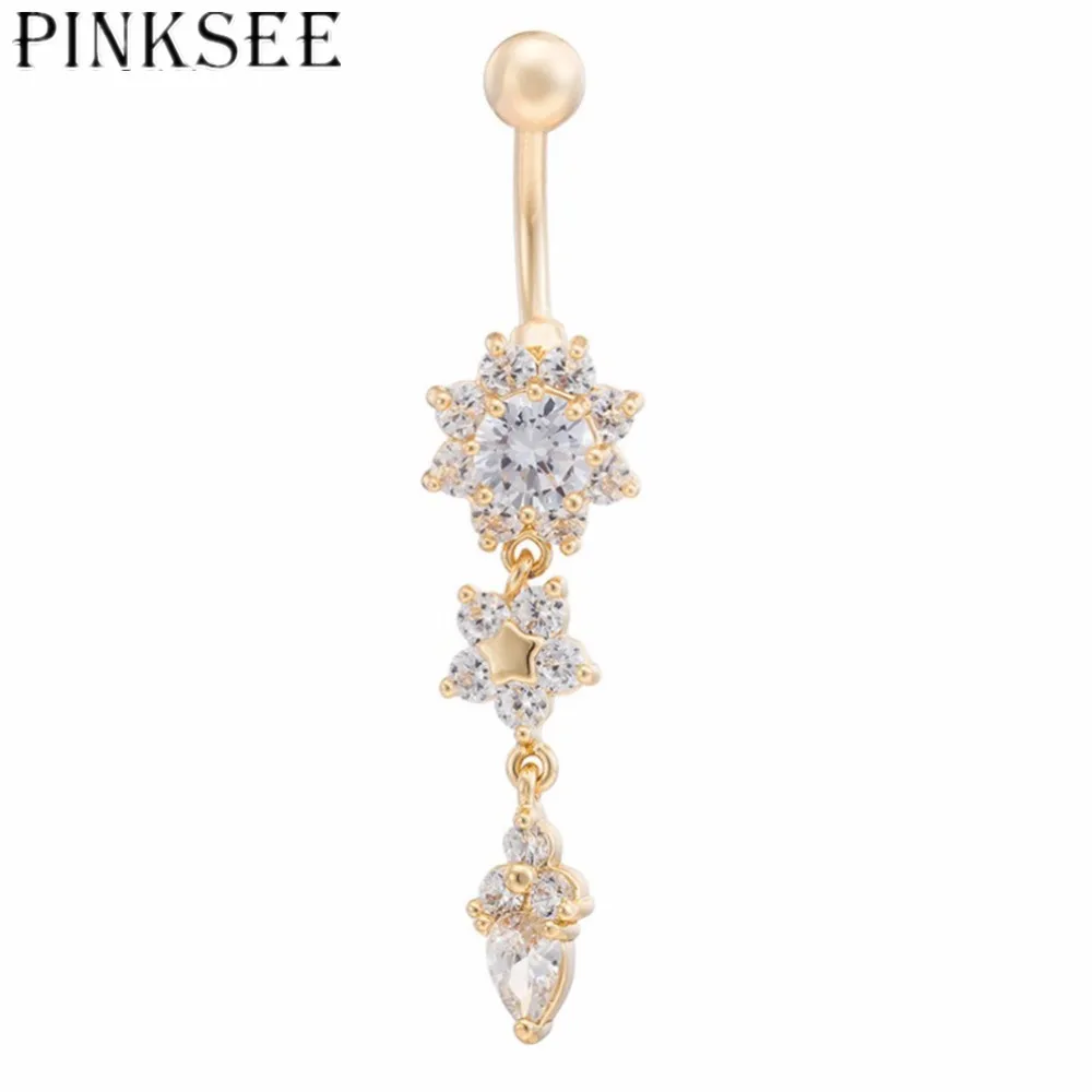 Женское кольцо для пупка PINKSEE из нержавеющей стали с кристаллами золотым и