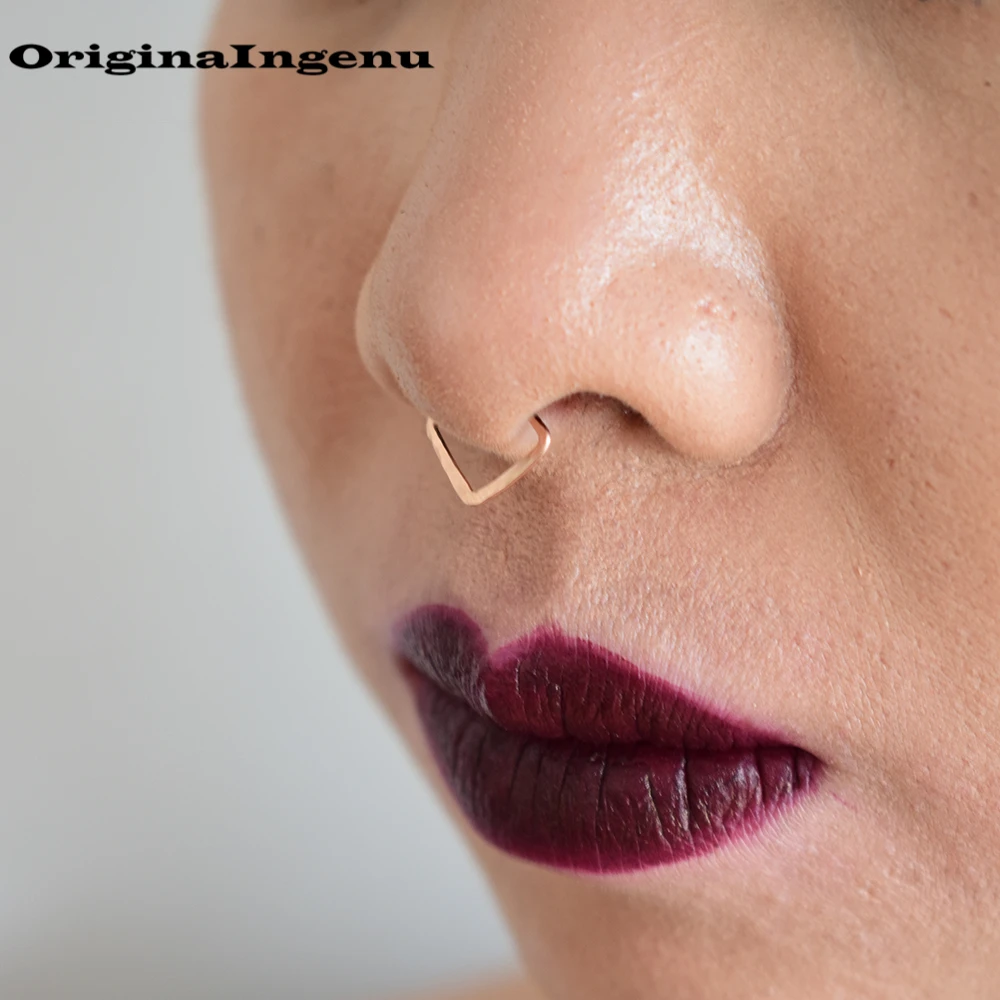 

925 Silver Fake Piercing Nose Ring Gold Filled Punk Jewelry Handmade Hammered Tiny Septum Hoop Charm Grillz Fake Jewelry