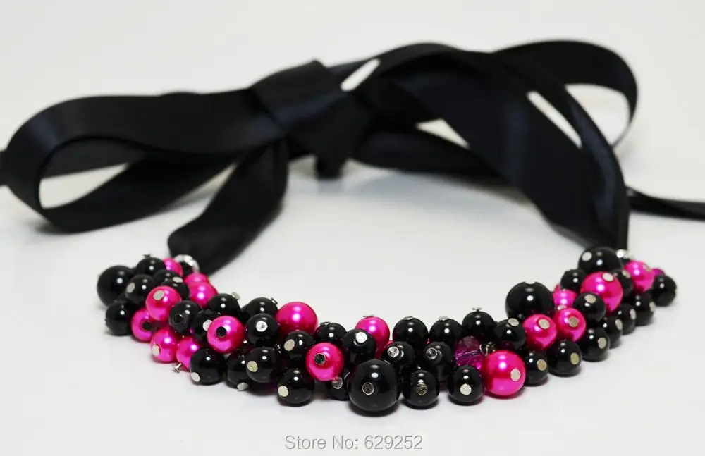 Черное ярко-розовое массивное ожерелье украшения из бисера свадебные черного