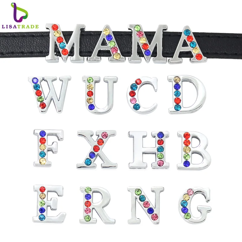 

130PCS 8MM Half colorful Rhinestone Slide Letters English Alphabet A-Z charms Fit DIY Wristband /Pet Collar LSSL027*130