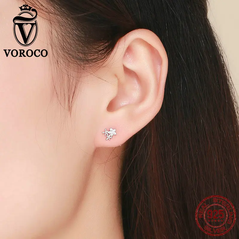 VOROCO 100% Настоящее серебро 925 пробы серьги гвоздики с цветком маленькие серебряные