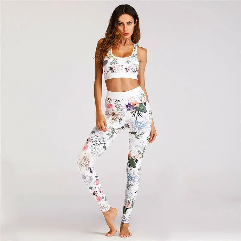 Women Fashion Floral Print Tracksuits Set 2Pcs Sports Bra Vest Crop Top+Stretch Pants Leggings Lady Casual Gym Running Fit Suits |