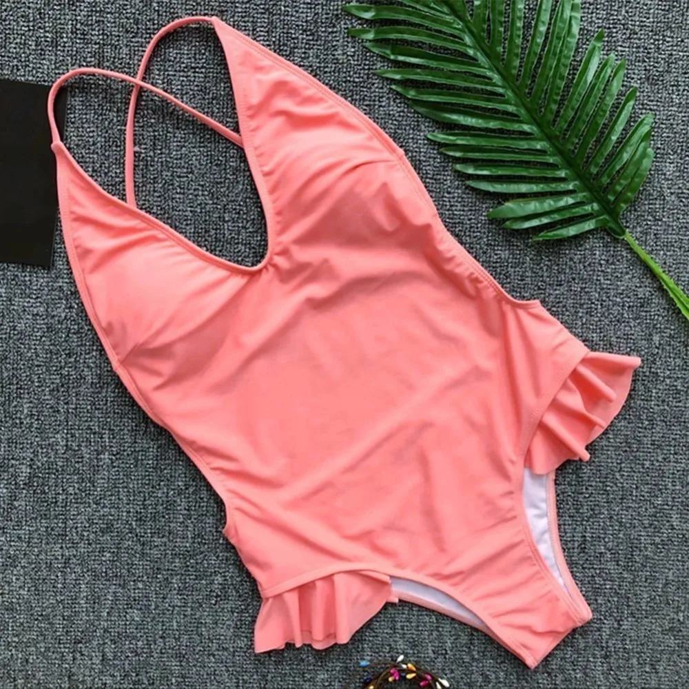 

2018 Solid Color Sexy Backless Ruffle One Piece Swimsuit Women's Bathing Monokini Push Up Padded Bikini Beach Swimwear