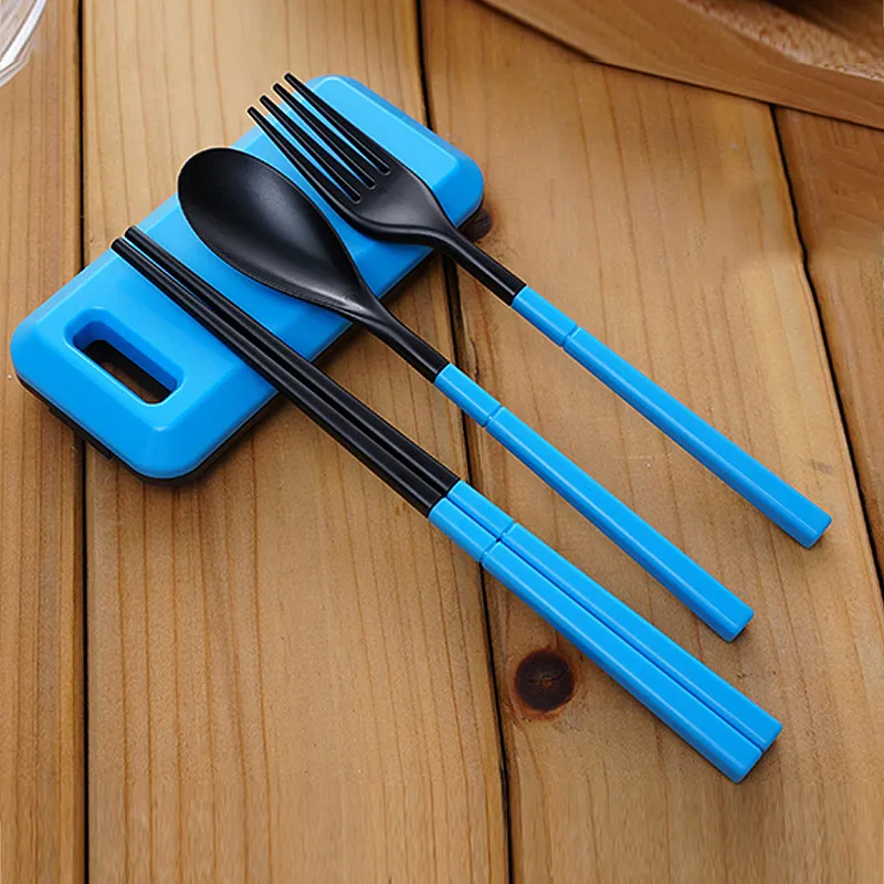 Foldable Pocket Tableware Set Cutlery Fork Chopsticks Kid Bento Lunch Box Outdoor Camping Picnic Dinnerware acampamento походный набор - Цвет: Синий