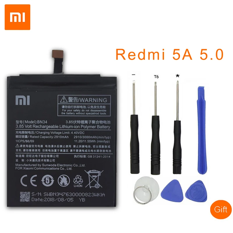 Оригинальный аккумулятор для телефона Xiaomi BN34 Redmi 5A 5 0 &quotСменный 2910 мАч с высокой