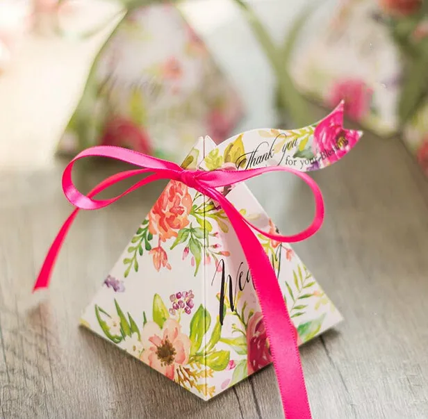 50 x Красивая треугольная зеленая Цветочная Свадебная конфетная коробка с бантом