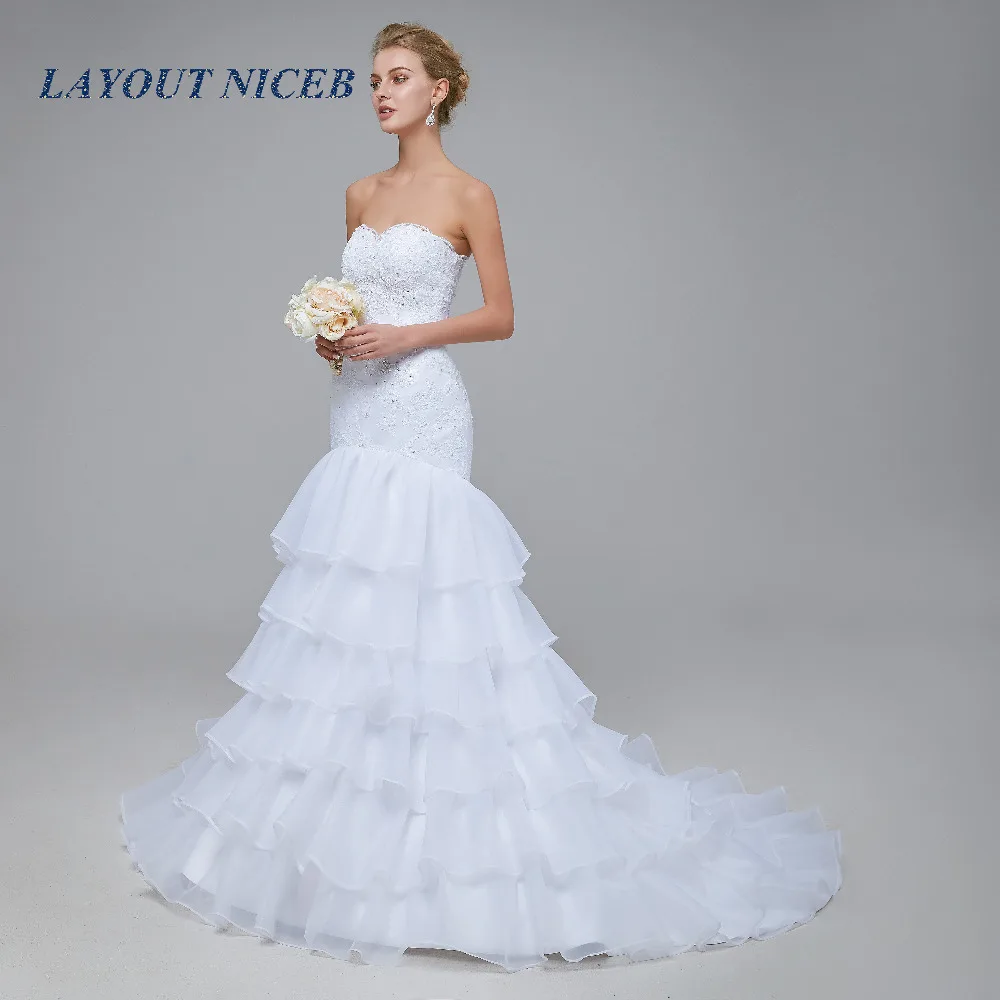 Белое многослойное свадебное платье Русалка из органзы 2018 кружевное с