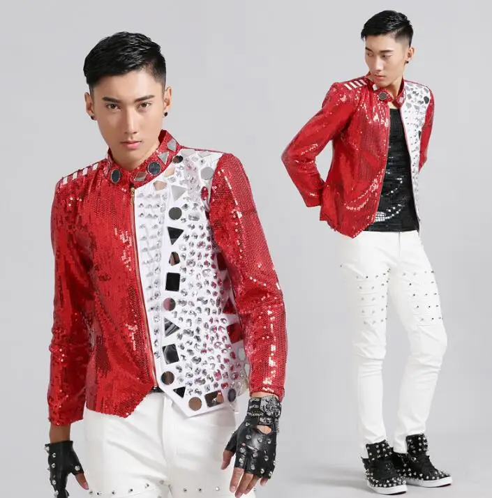 

men suits designs lens rivets rock stage costumes for singers men red sequin blazer dance clothes jacket dress punk fashion