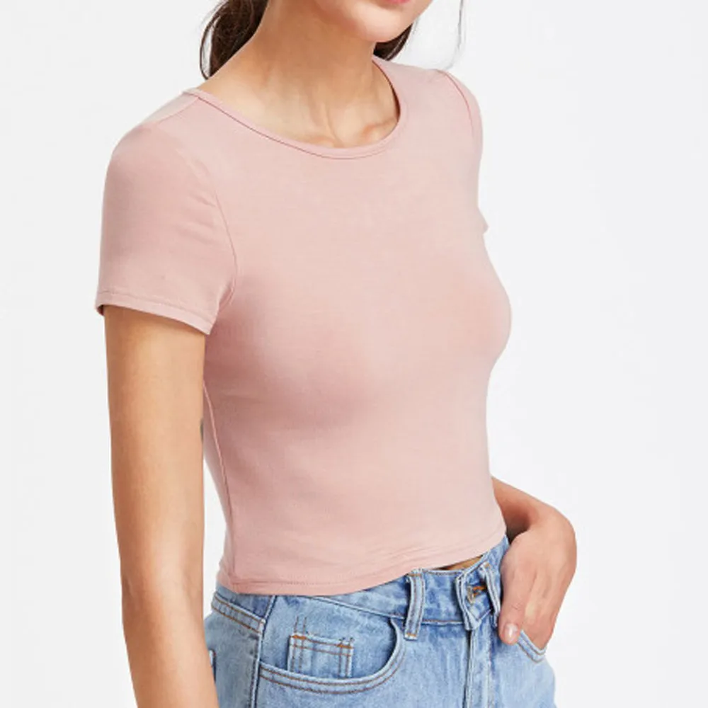 Женская футболка с круглым вырезом, футболка с коротким рукавом, летние укороченные топы, стильные футболки, футболка женска C10