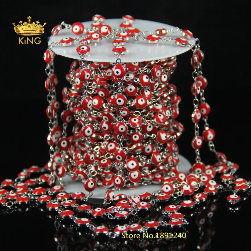 Wholesale 6MM Red Evil Eye Charms Coin Beads Wire Wrapped Beaded Chains Men Rosary Chain For Bracelet Necklace DIY Jewelry DS007 |